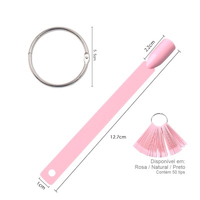 Kit demonstrador de cores com anel metálico e dicas de plástico rosa com medidas