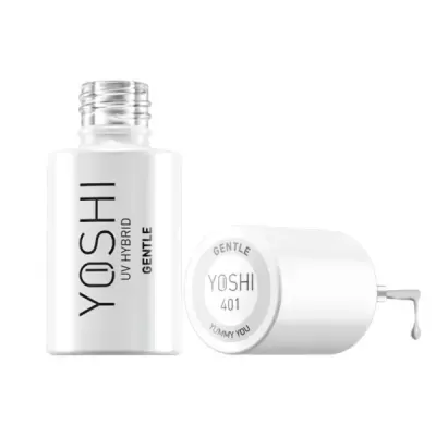 Frasco branco de verniz UV híbrido YOSHI GENTLE com tampa e gota de verniz