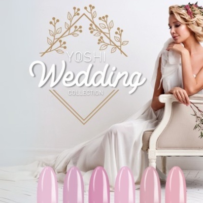 Coleção YOSHI Wedding Collection com vernizes rosa e noiva sentada numa cadeira