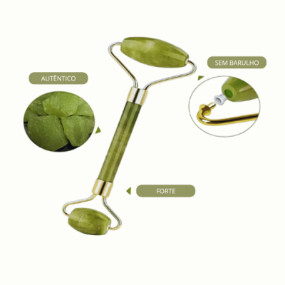 Rolo de jade verde para massagem facial com texto sobre autêntico, sem barulho e forte