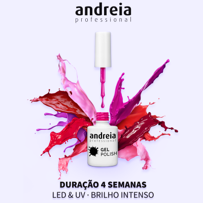Frasco de verniz gel branco Andreia Professional com respingos coloridos e texto promocional.