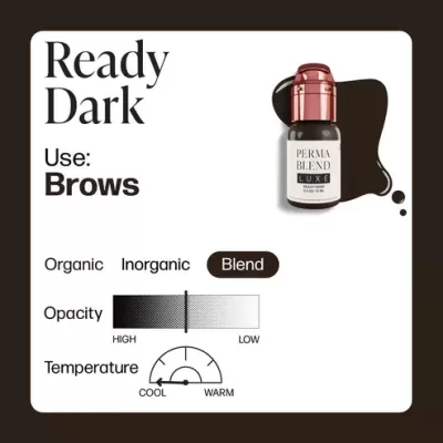 Produto para sobrancelhas PERMABLEND LUXE com tampa cor de cobre e informações de uso Ready Dark