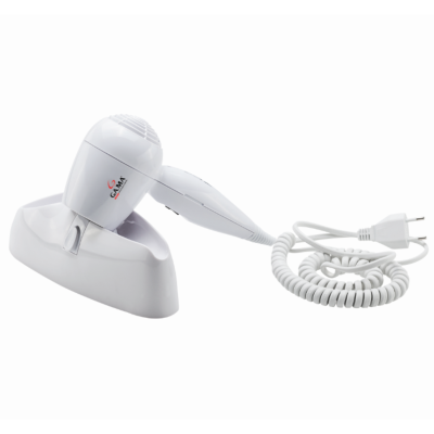 Secador de cabelo portátil branco com base e cabo espiral