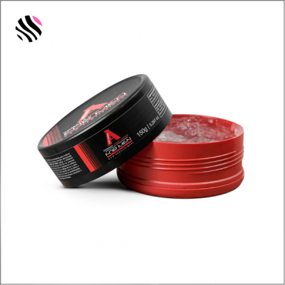 Embalagem redonda vermelha com tampa preta com texto, gel transparente visível