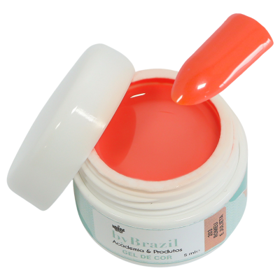 Frasco aberto com gel de unhas cor laranja vivo e aplicador mostrando a cor