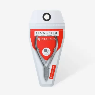 Cortador de cutículas Staleks Classic 10|8 em embalagem transparente e vermelha