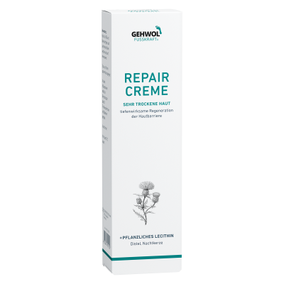 Embalagem branca de creme GEHWOL REPAIR CREME com texto em alemão e ilustração de plantas