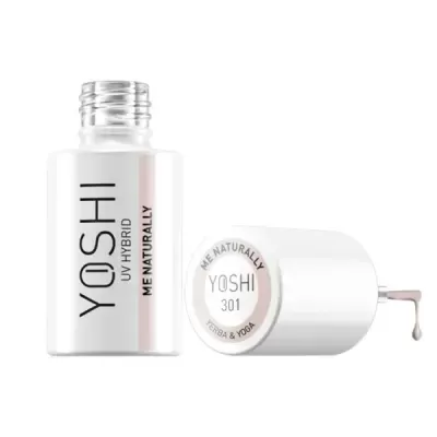 Frasco branco de verniz de unhas YOSHI UV Hybrid com tampa e texto visível
