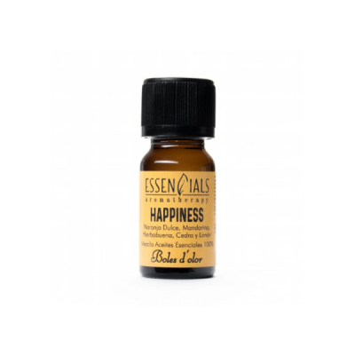 Frasco pequeno de óleo essencial aromático ESSENTIALS HAPPINESS com rótulo amarelo e tampa preta