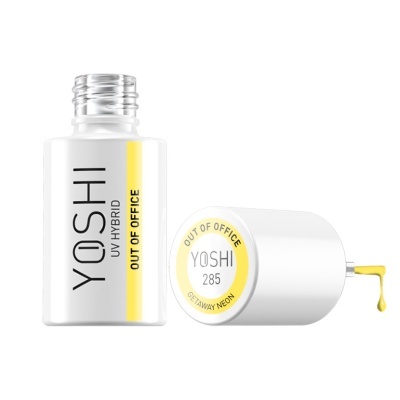 Dois frascos de verniz UV híbrido YOSHI amarelo neon com rótulo OUT OF OFFICE.