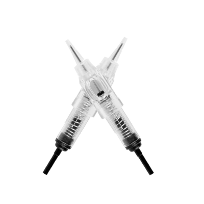 Duas agulhas transparentes cruzadas com detalhes pretos em fundo branco