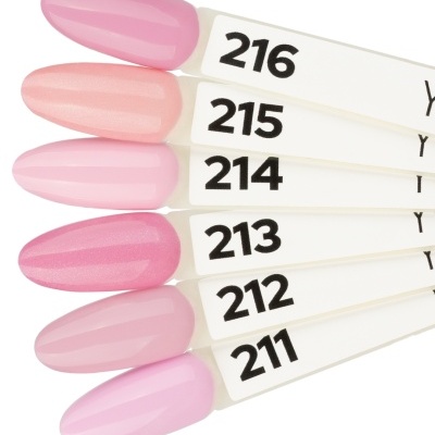 Amostras de vernizes rosa numeradas de 211 a 216