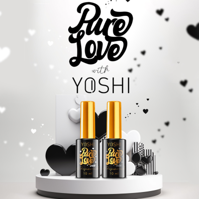Dois frascos de verniz Yoshi Pure Love em suporte branco com corações ao fundo