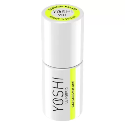 Embalagem branca de verniz UV híbrido YOSHI com texto em preto e amarelo