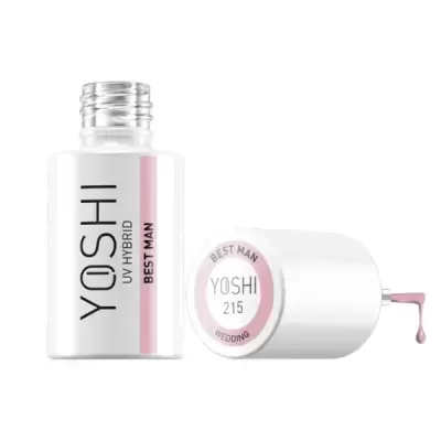 Frasco de verniz para unhas YOSHI UV HYBRID BEST MAN branco com tampa branca e verniz rosa a pingar