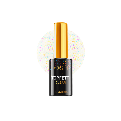 Frasco de verniz de unhas preto com tampa dourada e brilhantes coloridos ao fundo