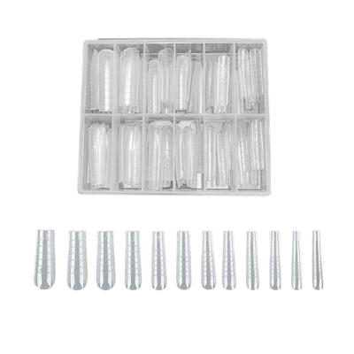 Unhas postiças transparentes organizadas em caixa branca com vários tamanhos