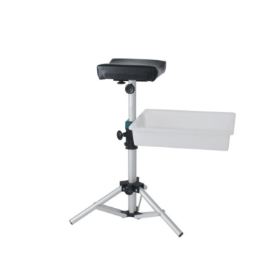 Suporte com braço almofadado preto, estrutura metálica e bandeja branca