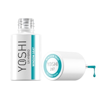 Frasco branco de verniz UV híbrido YOSHI com tampa branca e rótulo azul-turquesa