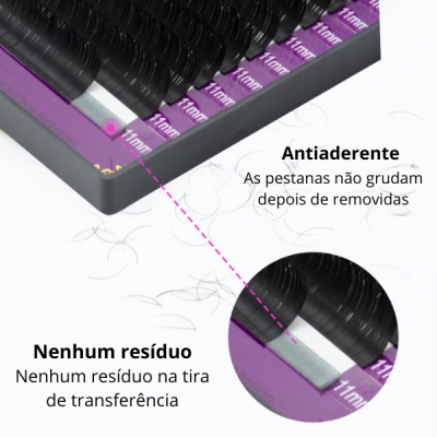 Caixa organizadora de pestanas postiços com texto explicativo em português