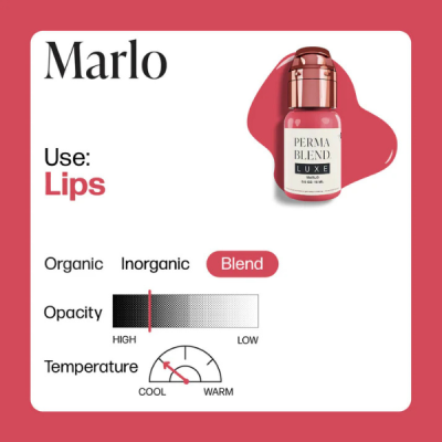 Produto de maquilhagem para lábios Marlo num fundo cor de rosa com informações sobre blend, opacidade e temperatura.
