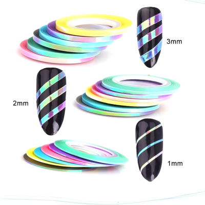 Rolos de fitas para unhas coloridas em 1mm, 2mm e 3mm com padrão holográfico em unhas pretas