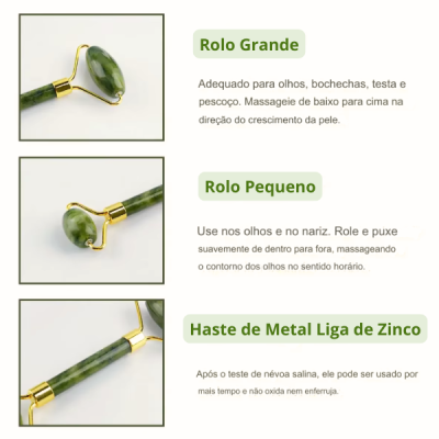 Rolo massageador facial verde de jade com detalhes dourados e texto explicativo em português