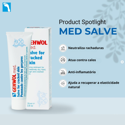Tubo e embalagem de pomada GEHWOL med. Med Salve para pele rachada, fundo azul claro com texto