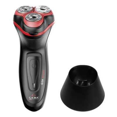 Aparador de barba elétrico preto e vermelho com três lâminas e base preta