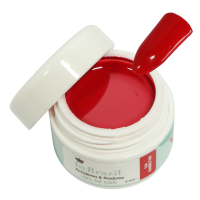 Pote branco aberto com gel vermelho para unhas e aplicador