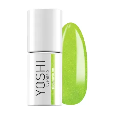Frasco branco de verniz para unhas YOSHI UV HYBRID TECHNICOLOR com cor verde lima