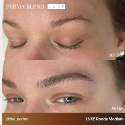 Antes e depois de sobrancelhas micropigmentadas com produto Perma Blend Luxe Ready Medium.
