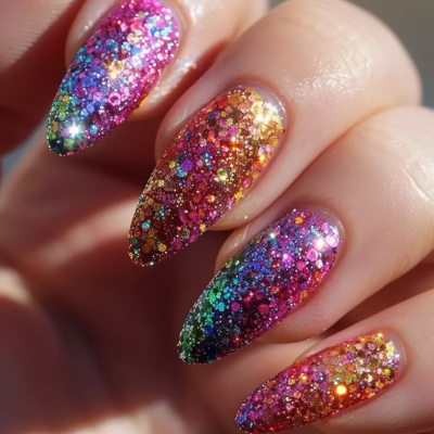 Unhas compridas com esmalte glitter multicolorido brilhante