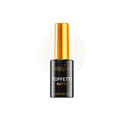 Frasco de verniz de unhas preto e dourado com texto YOSHI TOPFETTI MATTE UV HYBRID