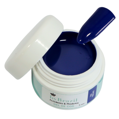 Pote de gel de cor azul escuro para unhas com tampa branca e unha artificial azul