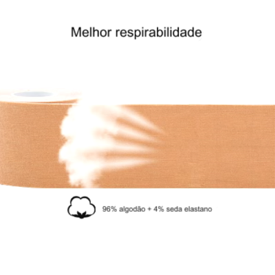 Faixa elástica castanha clara com texto sobre fundo branco