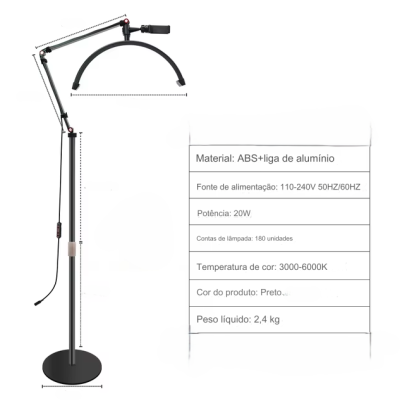 lâmpada de chão preta ajustável com luz circular