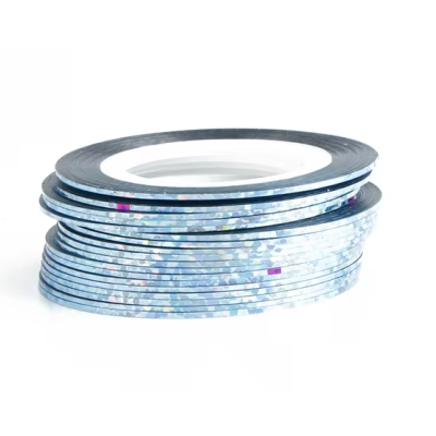 Fita decorativa fina prateada com efeito holográfico em espiral