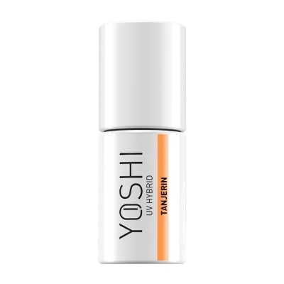 Frasco de cosmético YOSHI UV HYBRID TANJERIN branco com texto preto e faixa laranja