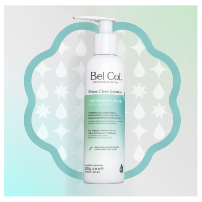 Frasco de creme emoliente Bel Col com fundo decorativo em gotas e estrelas