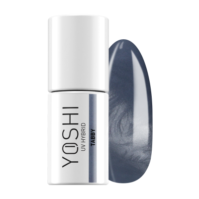 Frasco branco de verniz semipermanente YOSHI UV HYBRID cor TABBY com amostra cinza-azulada metálica