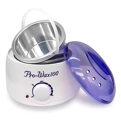 Aparelho de cera Pro-Wax100 branco com recipiente metálico e tampa roxa