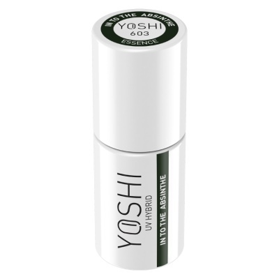 Frasco branco de verniz UV híbrido YOSHI com texto preto e verde