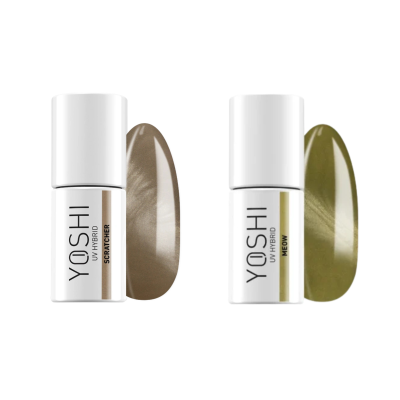 Dois frascos de verniz gel YOSHI castanho claro e verde-oliva com amostras de cor