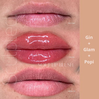 três imagens de lábios em diferentes estágios de aplicação de produto labial