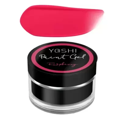Gel de tinta para unhas YOSHI Raspberry em frasco preto com tampa preta e amostra da cor