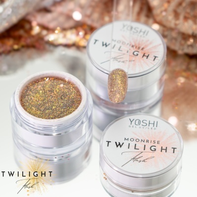 Potes de gel poligel dourado com glitter da marca YOSHI
