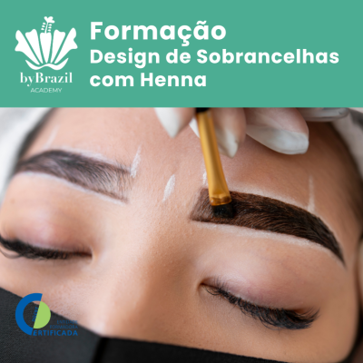 Pessoa a aplicar henna nas sobrancelhas com pincel, rosto com linhas brancas de marcação e texto promocional.