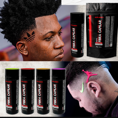 Produtos ALFA LOOK'S Fibra Capilar e estilos de cabelo decorados com tinta colorida.