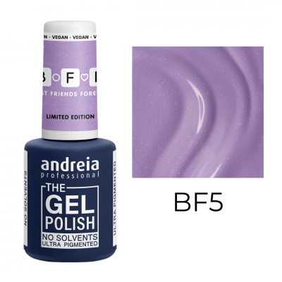 Esmalte em gel lilás com brilhos andréia professional, embalagem azul e tampa roxa